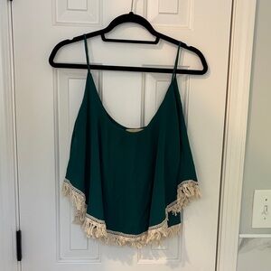 Teal Fringe Trim Spaghetti Strap Women's Top